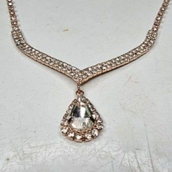 Rose Gold Teardrop Halo Rhinestone Tennis Necklace and Earring Jewelry Set 18"L - Picture 3 of 6